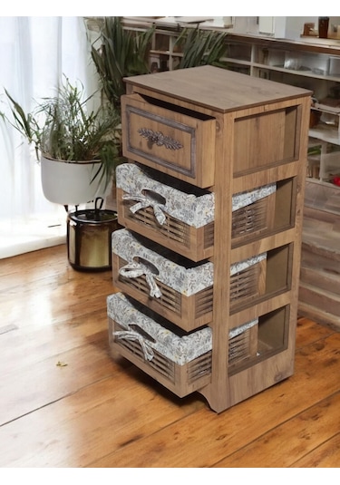 Ahşap 4 Çekmeceli Hasır Görünümlü Sebzelik Atlantik Çam