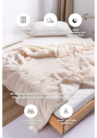 Sherpa Battaniye Çift Kişilik Çizgili Yumuşak Peluş Wellsoft Yatak Örtüsü Krem