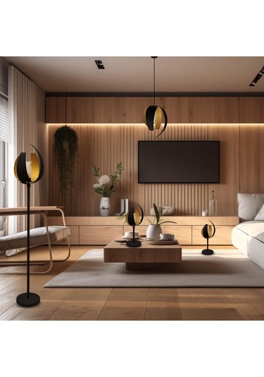 Aurum Koleksiyonu 4'lü Aydınlatma Seti 2 Abajur, 1 Lambader, 1 Sarkıt Siyah - Gold