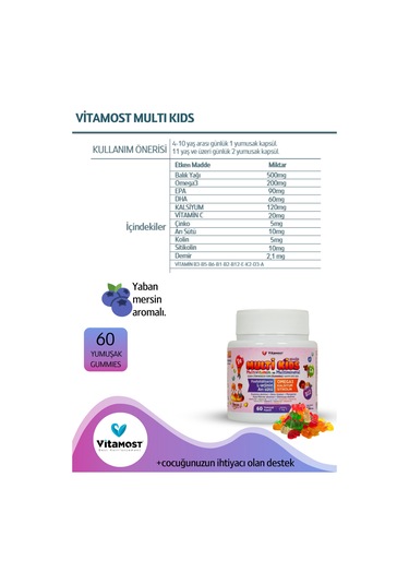 Vitamost Multi Kids Multivitamin ve Multimineral içeren Takviye Edici Gıda 60 Yumuşak Kapsül