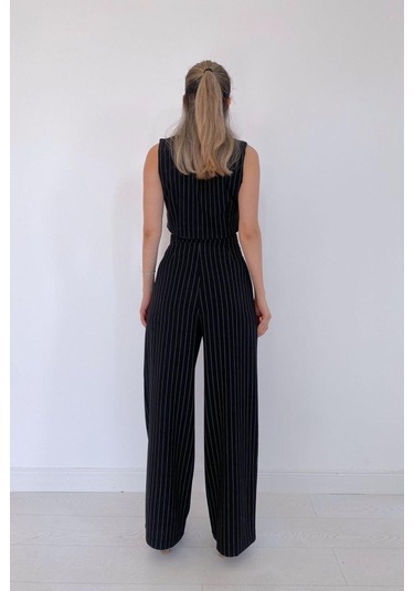 Siyah Çizgili Ceket - Yelek Ve Pantolon Takım Siyah