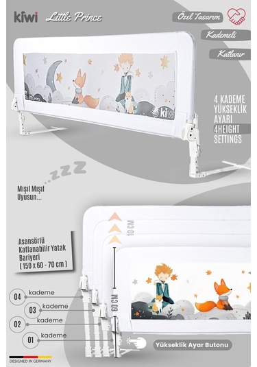Kiwi Bed Guard Asansörlü, Beyaz, Küçük Prens Desenli Çocuk Yatak Bariyeri 150x60-70 Cm