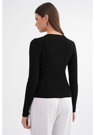 6931 Kadın Düğmeli Fitilli Triko Hırka Siyah Siyah