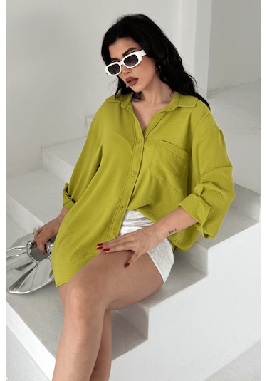Paw Garage Kadın Perla Olive Tek Cepli Oversize Gömlek, Geniş Kalıp Gömlek, Ayrobin Gömlek Yeşil