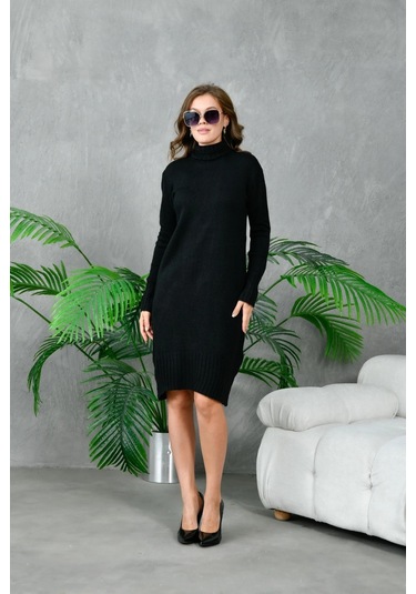 Kadın Balıkçı Yaka Kışlık Triko Elbise Siyah