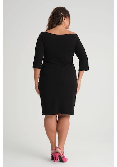 Kadın Siyah Carmen Yaka Truvakar Kol Büyük Beden Esnek Krep Elbise-siyah Siyah