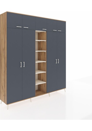 Hyperion Dolap 12 Raflı 9 Kapaklı 2 Askılı 220x44x243 Çam-antrasit/aytaşı Antrasıt/aytası