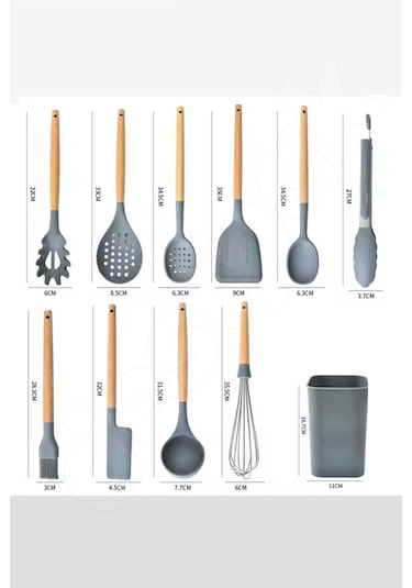 Gri 11'li Bambu Saplı Silikon Servis Seti - Kepçe, Kevgir, Maşa