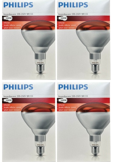 4 Adet Philips 250w Kızılötesi İnfrared Isıtıcılı Hayvan Isıtma Ve Fizik Tedavi Lambası Kırmızı Işık E27 Kalın Duy