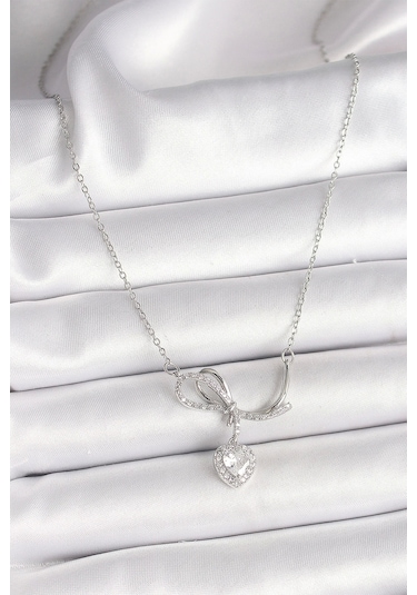 316l Çelik Gümüş Renk Zincir Zirkon Taşlı Düğüm Sallantı Kalp Figür Kadın Kolye Çok Renkli