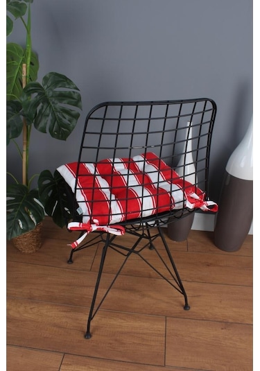 Altınpamuk Altınpamuk Beta Pofidik Kırmızı Beyaz Sandalye Minderi Bağcıklı 4