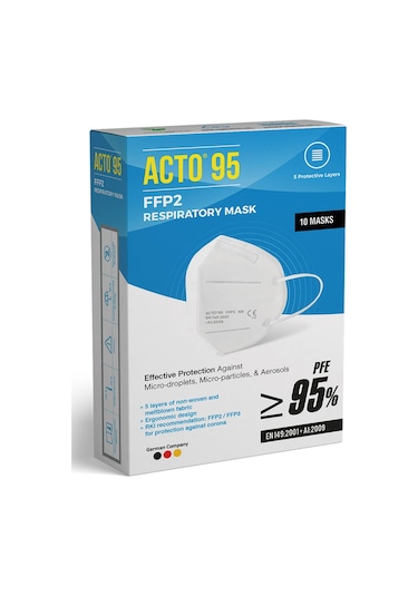 Acto 95 FFP2 5 Katman Koruyucu Filtrasyon N95 Solunum Maskesi 10 Adet