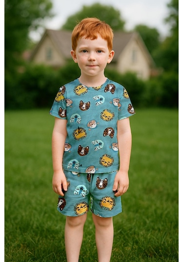 Erkek Çocuk %100 Pamuk Kaplan Metrajlı Şortlu Takım 3-4 Yaş 8-9 Yaş Yeşil