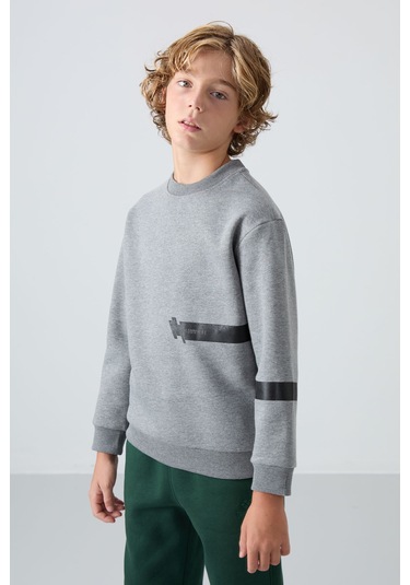 Gri Melanj Pamuklu Kalın İçi Tüylü Yumuşak Dokulu Standart Fit Baskılı Erkek Çocuk Sweatshirt - 11238 Gri Melanj