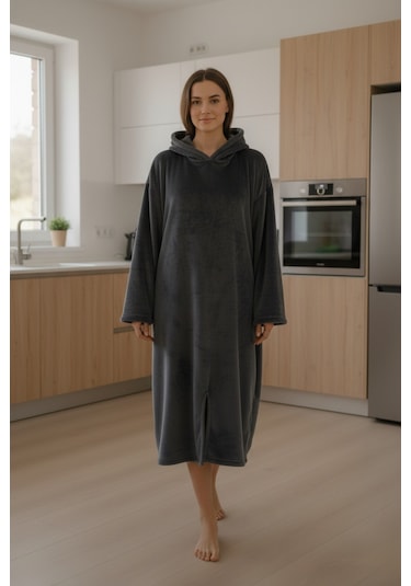 Serona Wellsoft Peluş Kapüşonlu Uzun Panço Yumuşak Dokulu Giyilebilir Tv Battaniyesi Antrasit S/m Antrasit