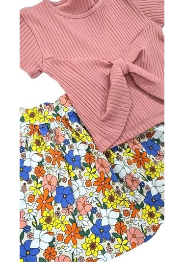 Çiçek Desenli Kız Çocuk Etekli Takım Somon