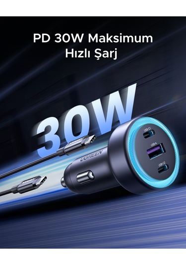 Ugreen 30w 3 Portlu Araç İçi Şarj Cihazı Çakmaklık Adaptörü, 45843