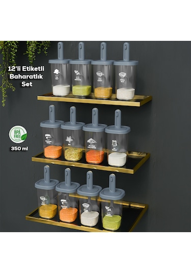 Porsima 1097 Kaydırmalı Kaşıklı Baharatlık Seti 12'li  Şeffaf - Antrasit