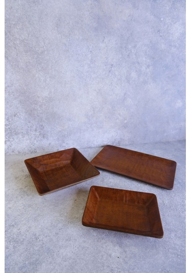 Justwood 3 Lü Ligna Ahşap Rölyefli Dikdörtgen Sunum Seti 16x26, 18x18, 12,5x17 Cm Servis Seti, Tabak Koyu Kahverengi