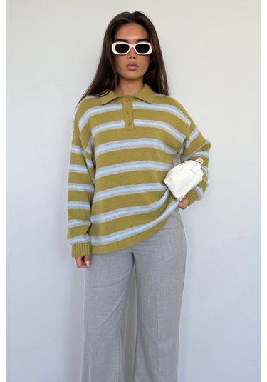 Yeşil Polo Yaka Çizgili Kadın Triko Kazak Mg2469 Yeşil