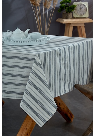 Vivamaison Yıkanmış Pamuk Antrasit Çizgili Masa Örtüsü