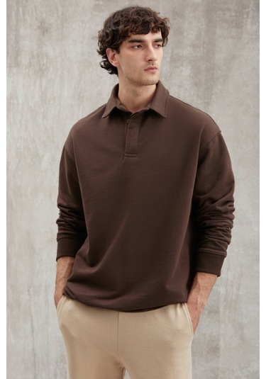 John  Erkek Polo Sweat Gömlek Yakalı Arkası Uzun Yırtmaçlı Diagonel Kumaşlı Koyu Kahverengi Sweatshir