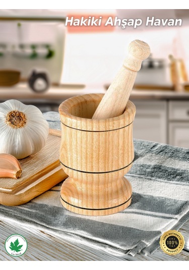 Ahşap Havan Sarımsak Döveceği Büyük Boy 12 Cm, 7 Diş Sarımsak Kapasite, Hakiki Ahşap Ezici
