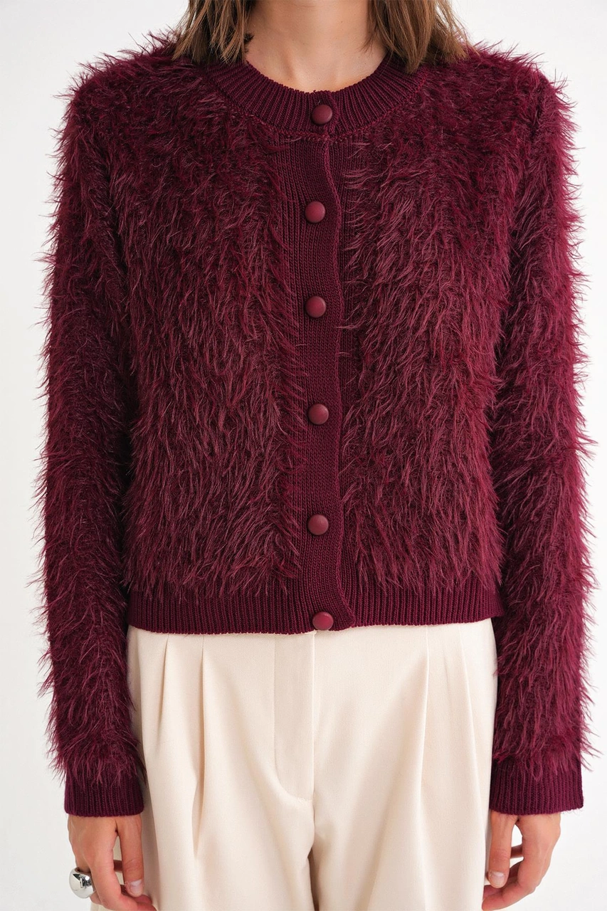 6897 Kadın Uzun Sakallı Bant Detaylı Triko Hırka Bordo Bordo