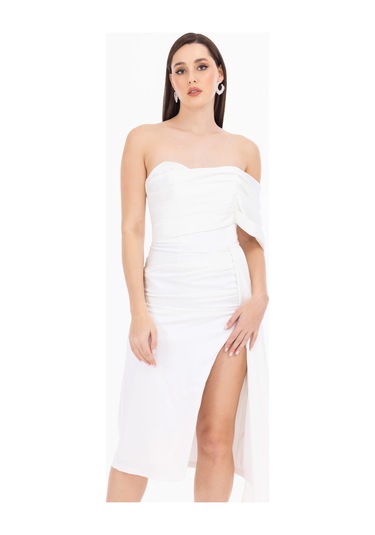 Kadın Asimetrik Yaka Midi Boy Şifon Dokuma Abiye Elbise - Beyaz Beyaz
