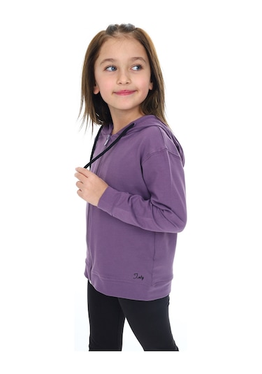 Toontoy Kız Çocuk Kapüşonlu Fermuarlı Cepli Düşük Omuz Nakış Baskılı Örme Hırka - 2 İplik Mor