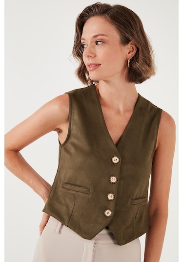 Lela Fitted Scuba Süet V Yaka Düğmeli Bayan Yelek 5865576 Haki