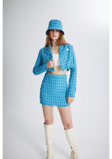 Holly Lolly Tüvit Kumaş Mini Tweed Etek Mavi