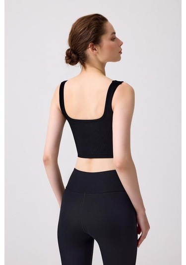 Cottonhill Premium - Kadın Siyah Seamless Orta Boy Kare Yaka Crop Top Büstiyer Siyah