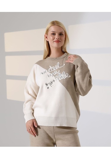 Renk Bloklu Triko Takım Vizon