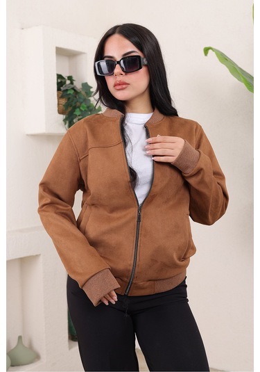 Bomber Kolej Su Geçirmez Ceket Kahverengi Süet