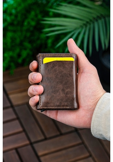 Otomatik Mekanizmalı Deri Cüzdan Kartlık Portföy Crazy Kahverengi