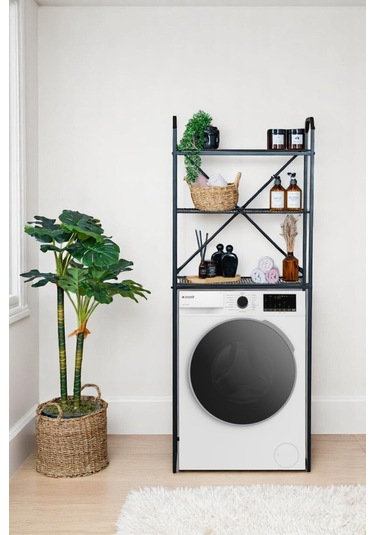 Metal 3 Raflı Banyo Rafı Çamaşır Makinesi Üstü Dekoratif Raf Siyah