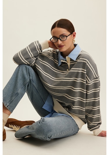 Polo Yaka Oversıze Sweatshırt Gri Gri