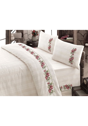 Buldan İşi Kanaviçe Nakışlı Çift Kişilik Nevresim Takımı-Pembe Krem