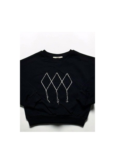 Kız Çocuk Mevsimlik Pamuklu İki İplik Zincirli Sweatshirt-15447 Siyah