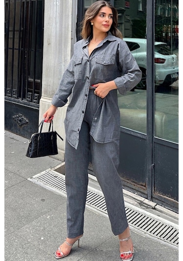 Antrasit Uzun Tunik Gömlek & Beli Lastikikli Rahat Pantolon - Yıkamalı Kot Kumaş Alt Üst Takım Antrasit