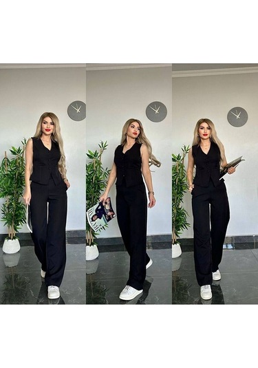Kadın Yelek Pantolon Takım Kadın Şık Yelekli Takım - Dar Kalıptır Siyah Siyah