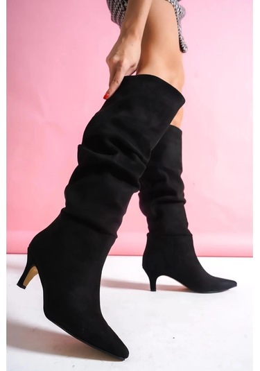 Zelya Siyah Süet Topuklu Çizme Siyah Süet
