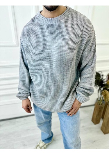 Kazak Oversize Çift Kat Örme Naturel Pamuk Bol Kesim Tüylenmeyen Salaş Triko Kazak Gri