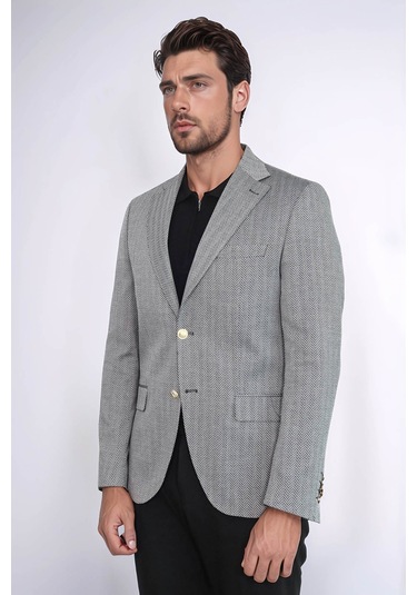 Siyah Balıksırtı Desenli Gold Renk Metal Düğmeli Slim Fit Erkek Blazer Ceket - Wessi Black