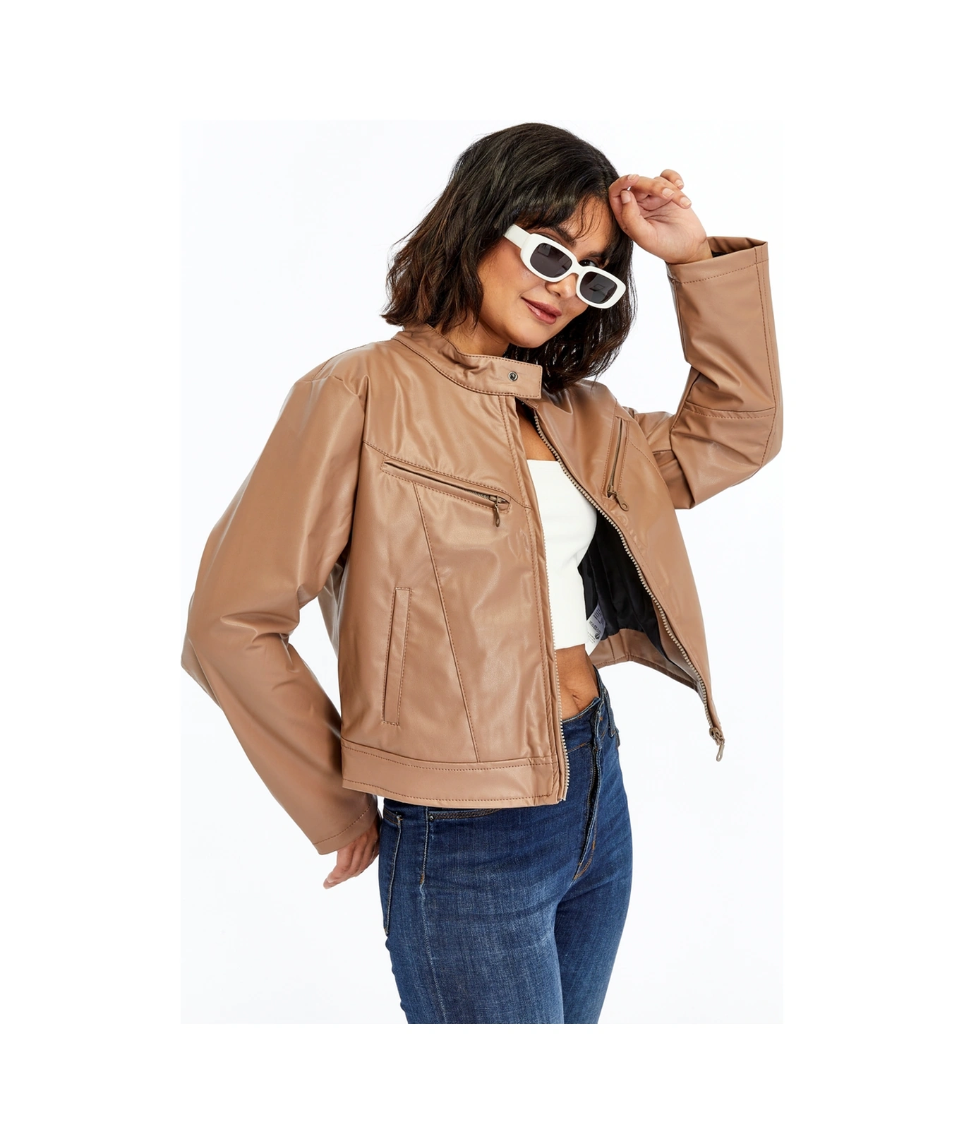 Kadın Deri Ceket Niş Kompakt Tasarım Mont Günlük Kullanım Fermuar Hakim Yaka Şık Ceket Pudra