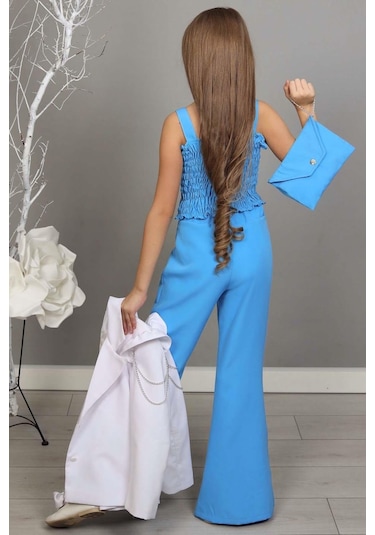 Riccotarz Kız Çocuk Zincir Ve Omuzu Fırfırlı Blazer Ceket Ve İspanyol Paça Mavi Pantolon Alt Üst Takım 001