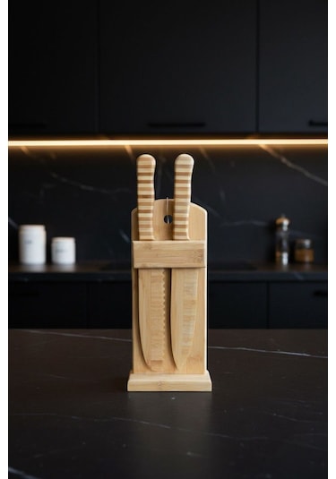 Doğal Bambu Bıçak Seti 2 Li Şef & Ekmek Bıçağı + Bambu Blok Stand Bej