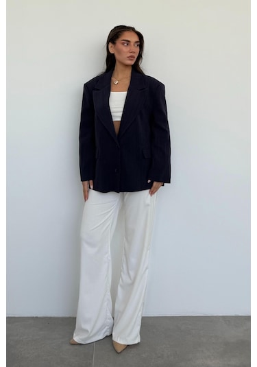 Madmext Lacivert Keten Blazer Kadın Ceket Mg2443 Lacivert