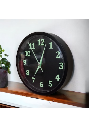 Fosforlu Gece Parlayan Siyah Salon Mutfak Ofis Duvar Saati 22 Cm Siyah